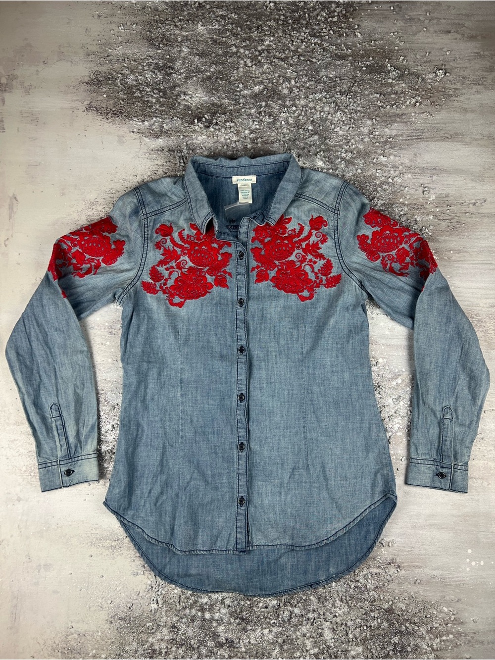 Sundance Chambray Denim Button-Up Shirt with Red Floral Embroidery medium